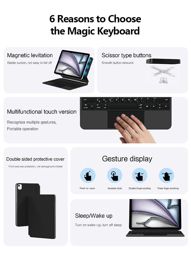 نُوِيق 【العربية والإنجليزية】جراب لوحة مفاتيح ماجيك لجهاز iPad Air 13 بوصة (M4، 2026/M3، 2025/M2، 2024) / iPad Pro 12.9 بوصة (الجيل السادس/الخامس/الرابع/الثالث)، جراب لوحة مفاتيح مع حامل مغناطيسي، لوحة لمس متعددة اللمس، تحكم بالإيماءات، إضاءة خلفية بـ 7 ألوان (أسود) - Image 3